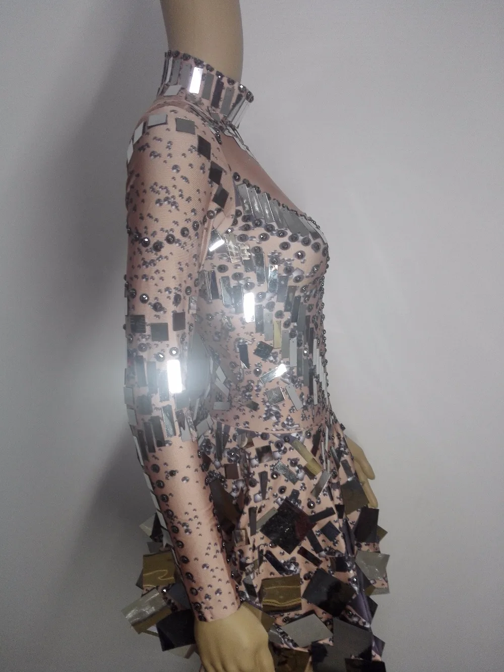 Singer Dancer Groups Modern Jazz Dance Performance Costume Silver Sequins Crystals Glitter Mirrors Long Sleeve Mini Short Dress