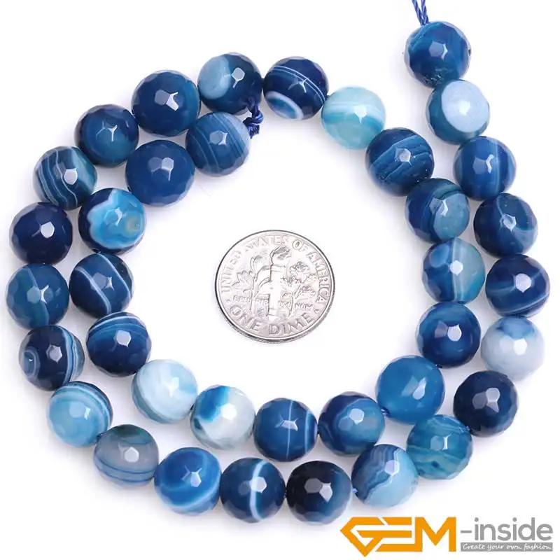 Round Blue Banded Stripe Agates Round Loose Beads For Jewelry Making Strand 15\