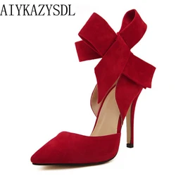 AIYKAZYSDL Plus Size 41 Women Big Bowtie Bow Pumps High Heel Woman Sandals Stiletto Wedding Party Dress Shoes Bowknot Detachable