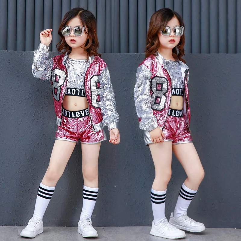 Girls Sequin Hip Hop Clothes for Kids Coat Tops Shirt Short Jazz Dance Costume Ballroom Dancing Clothing Streetwear for Children