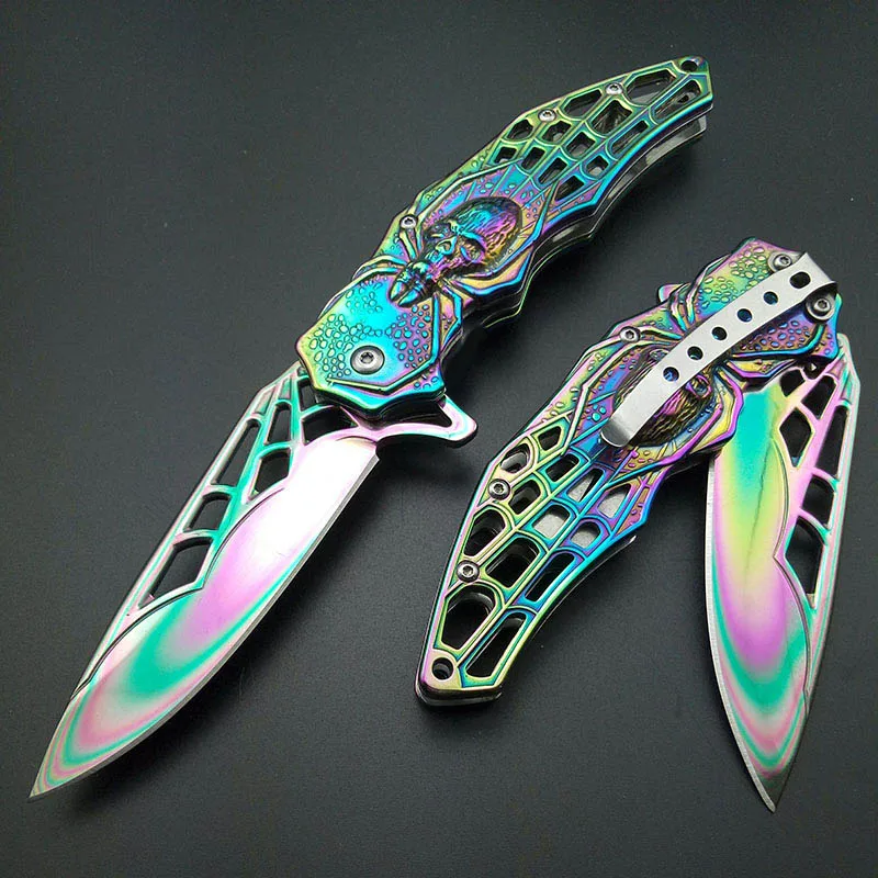 High Quality Exquisite Rainbow Titanium Spider Patter Practice Knife Floding Blade Knifes with Box Gift Colorful Training Tools