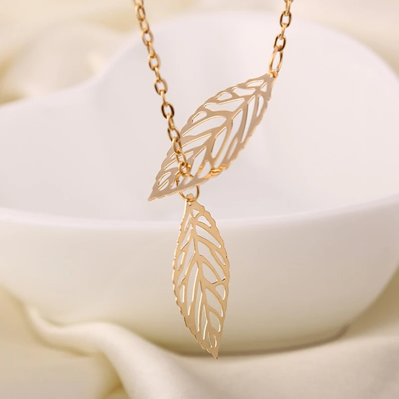 Minimalism Double Hollow Leaves Pendant Necklaces Temperament Punk Clavicle Chain Necklace Women Jewelry Gift Wholesale NB607