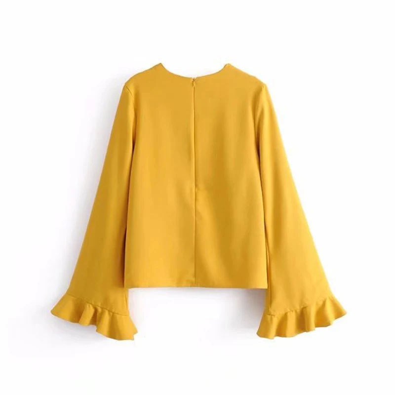 Bella Philosophy spring women long flare sleeve shirt casual yellow solid female blouse ruffles fashion V Neck women blouse