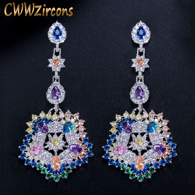 CWWZircons Luxury Multi Colors Cubic Zirconia Long Big Drop Earrings High Quality Women CZ Party Costume Jewelry Accessory CZ353