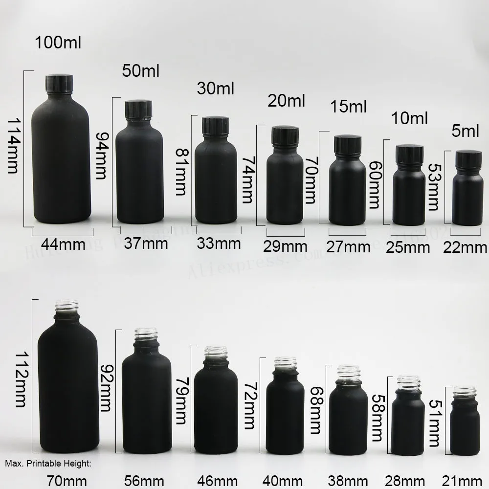 200 x Matt Black Glass Essential Oil Bottle With Brush Cap 10ml 20ml 30ml 50ml 100ml Frost Black Glass Nail Polish Containers