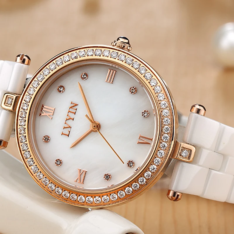 LVYIN 100% Real Ceramic Watch Casual Top Brand White Unique Watches For Women Diamond Decoration Quartz Wristwatch LY013