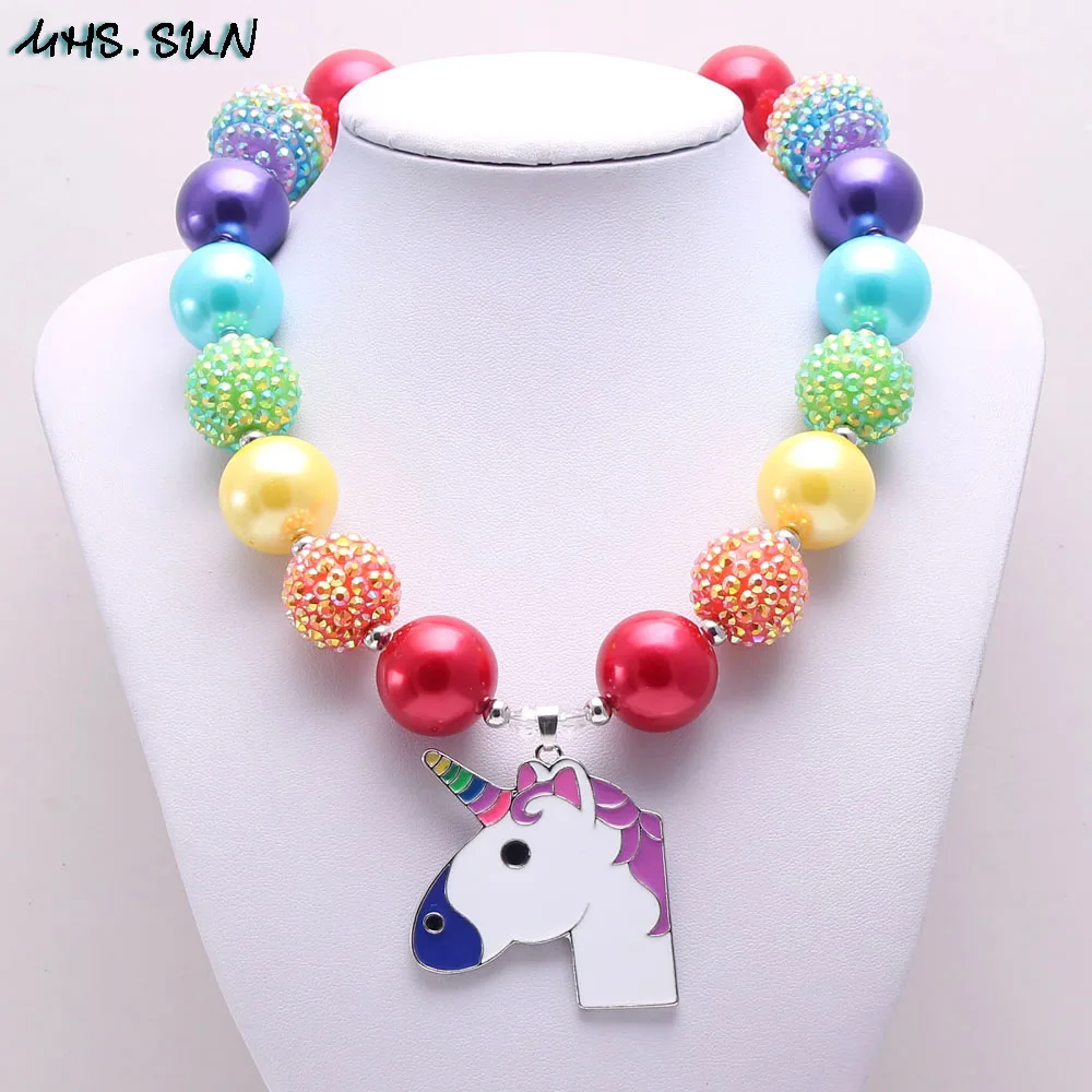 MHS.SUN Christmas Gift Kids Handmade DIY Chunky Bubblegum Beaded Necklace Fairy Unicorn Pendant Charms Necklace For Baby Jewelry