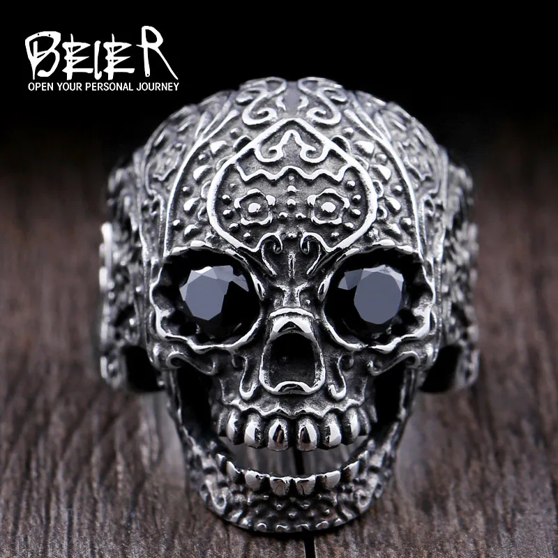 Beier 316L stainless steel ring hot sale punk biker skull man Classic Garden Flower Skull ring fashion jewelry LLBR8-430R