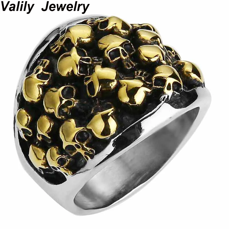 EdgLifU Men Gold-color Skull Ring Crossbones Stainless Steel vintage punk Biker cool band rings Wholesale ring jewelry