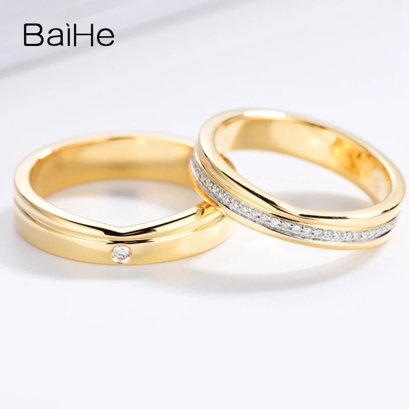 BAIHE Solid 14K Yellow Gold 0.17ct H/SI Round Natural Diamonds Engagement Wedding Band Trendy Fine Jewelry Making Couple Ring