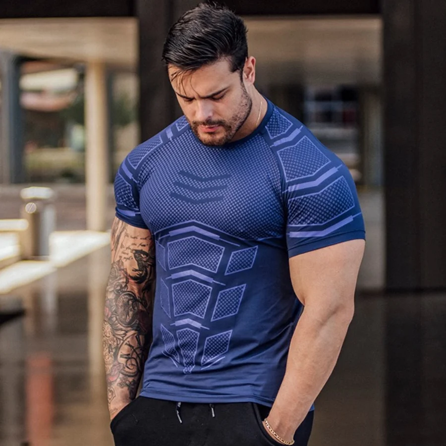 Men Compression Skinny T-shirt Gym Fitness Bodybuilding Shirt Male Summer Running Workout Quick Dry Tee Tops Training Clothing