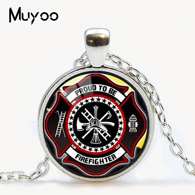 Hot New Fashion Gift for Firefighter Long Necklace Black Plated Fire Fighter Jewelry Glass Pendant Necklace Dropshipping