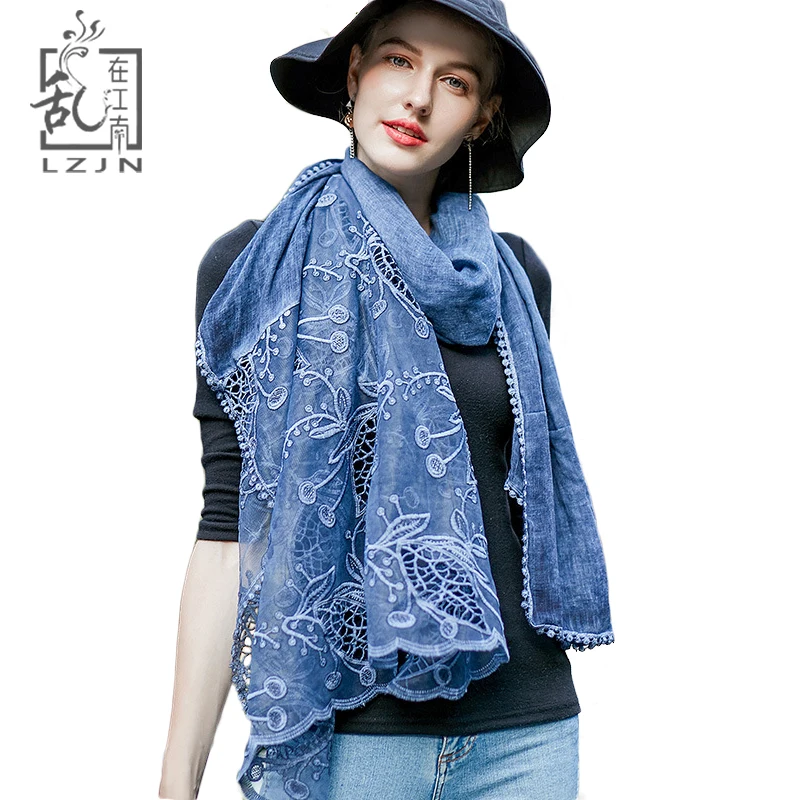 

LZJN 90*190CM Fashion Lace Scarves Women 2020 Tie Dye Cotton Linen Long Scarf Vintage Ladies Shawl Four Seasons Luxury Pashmina