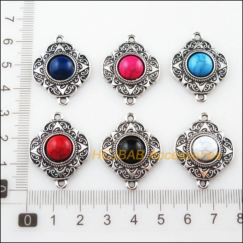 6Pcs Tibetan Silver Flower Mixed Stone Charms Pendant Connectors 23.5x30mm