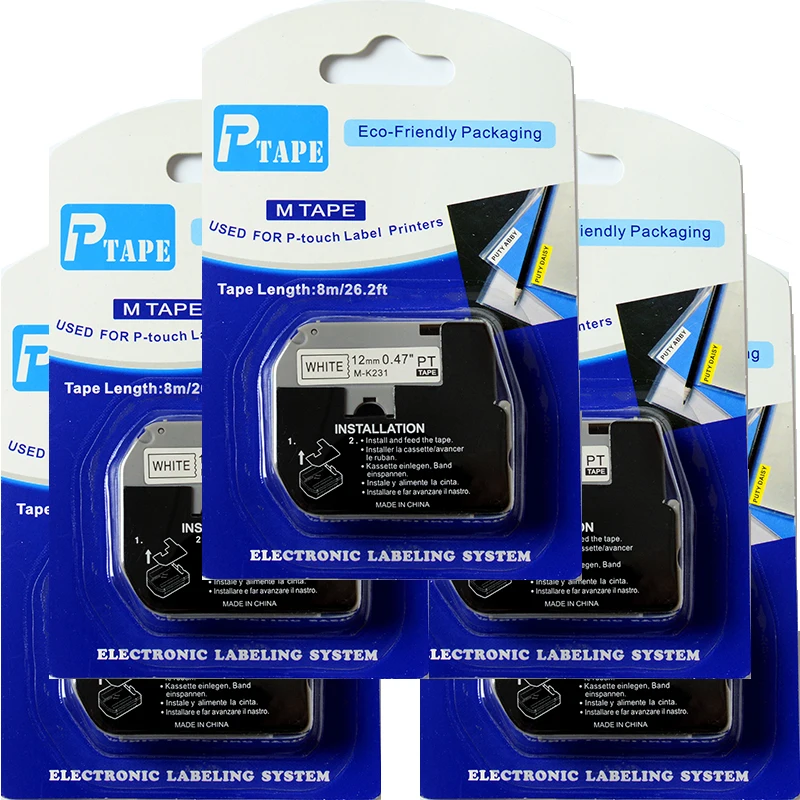 Compatible p-touch M Tape M-K231 12mm*8m Black on White Adhesive MK231 tape mixed colors choosable