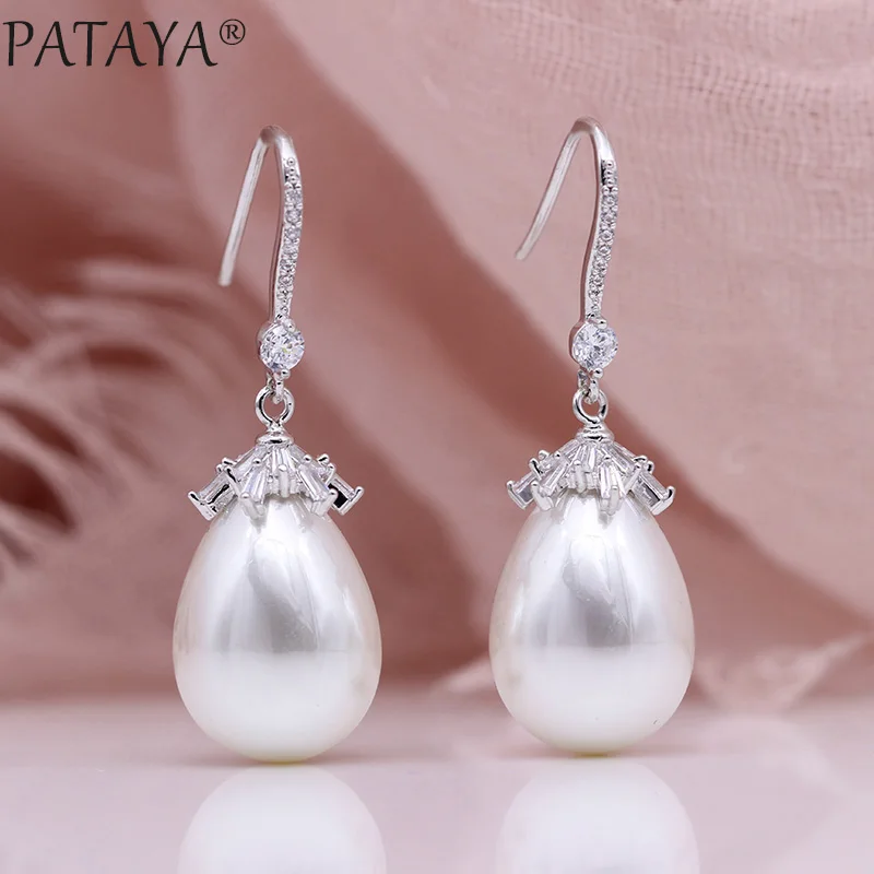 PATAYA New Oval Shell Pearls Long Earrings 585 Rose Gold Color Square Natural Zircon Women Luxury Fine Wedding Fashion Jewelry