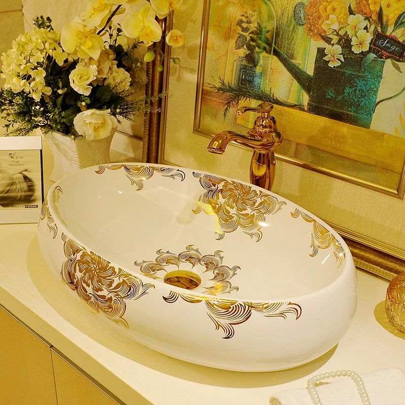 

Fashion rectangle oval shape art basin mdash . gold peony