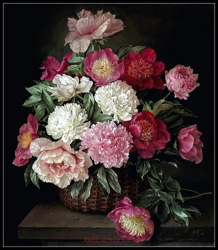 Needlework for embroidery DIY DMC High Quality - Counted Cross Stitch Kits 14 ct Oil painting - Peonies in Basket