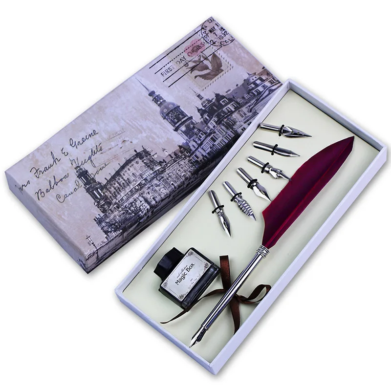 Vintage Colored Feather High quality Quill Dip Pen Writing Ink Set Stationery Gift Box with 6 Nibs Calligraphy Fountain Pen