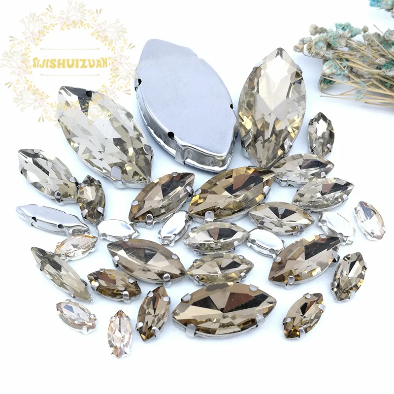 Silver Claw Setting 30pcs/Bag Light Coffee Horse Eye Shapes Mix Clear Gass Crystal Sew On Rhinestone Wedding Dress Shoes Bag Diy