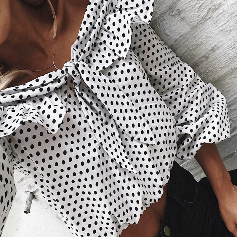 

2019 New Arrival Women Bowknot Tops Casual Slash Neck Long Sleeves Blouses Spring Summer Chiffon Polka Dots Shirts Plus Size Top