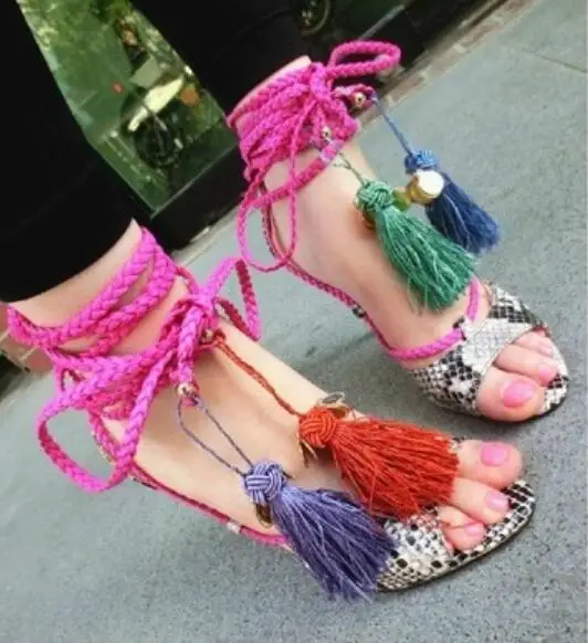 

Gorgeous mixed colors tassels cross-tied lace up high heel peep toe sandals snakeskin pattern thin heels gladiator sandal bootie