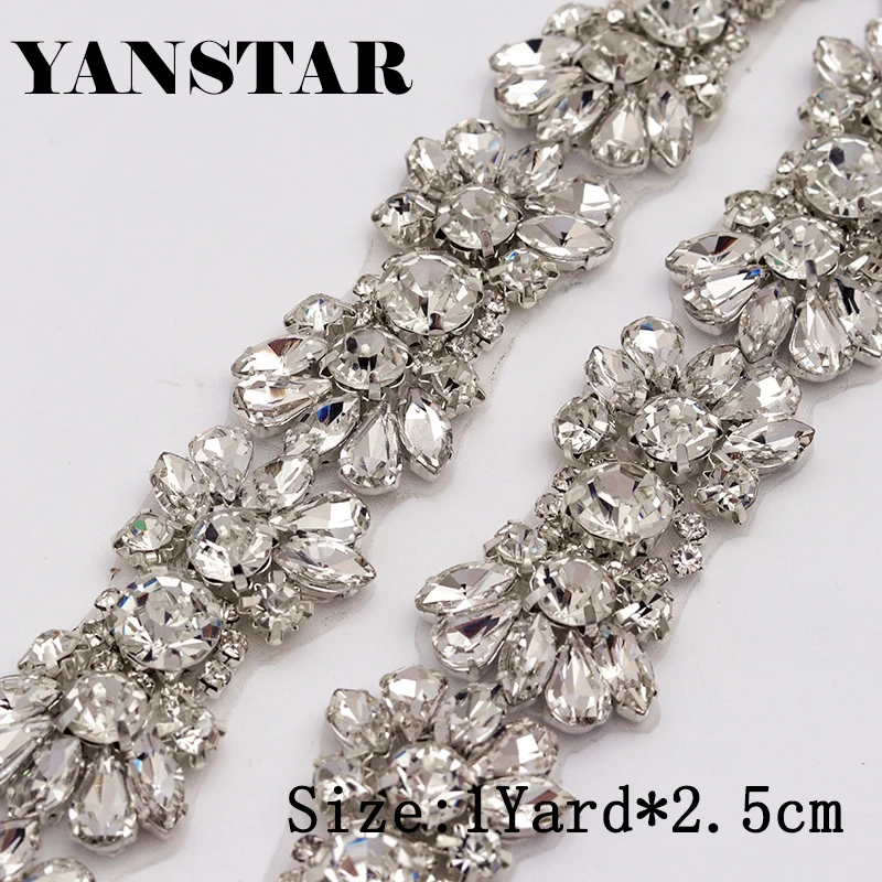 

YANSTAR Wholesale 30 Yard Rhinestones Appliques Belt Silver Rhinestones Trim Iron On For Wedding Dress YS975