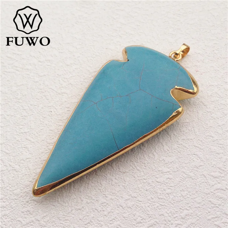 

FUWO Wholesale Turquoises Arrowhead Pendants,Golden Plated Blue Howlite Fashion Jewelry For Necklace Making 5Pcs/Lot PD017