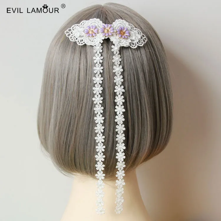 

Princess sweet lolita hairpin White lace bow Vintage romantic snow white long lace tassels hairpin hair spring clip FJ-05