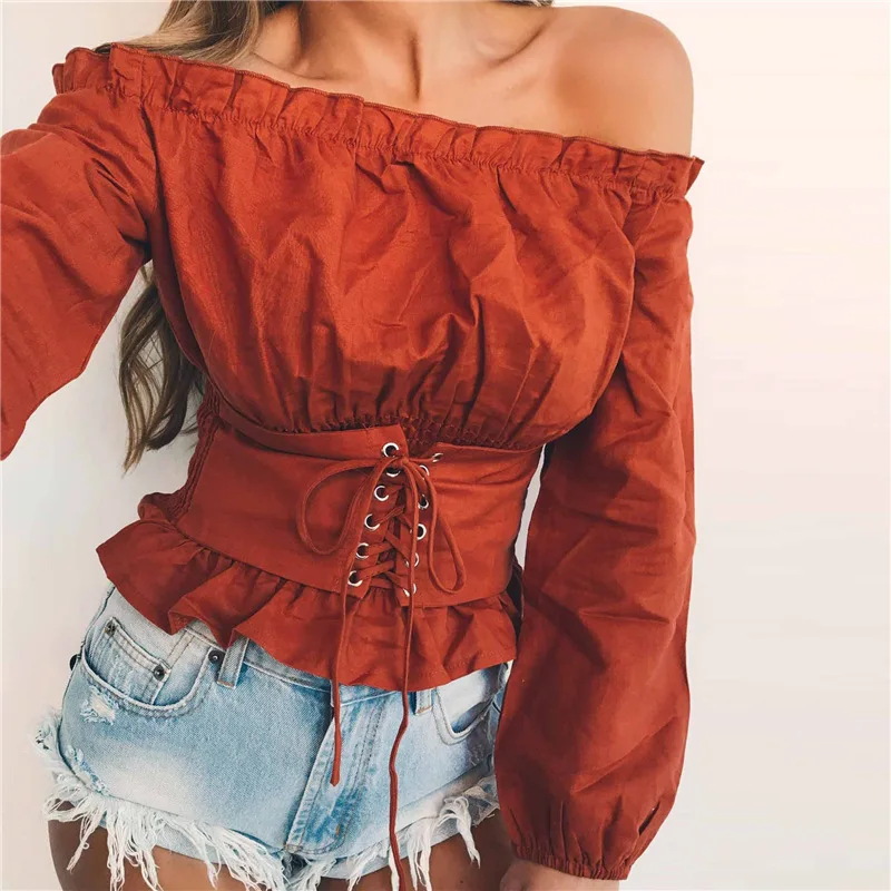 Autumn Sexy off shoulder ruffle long sleeve blouse waistband shirt tops Elegant women blouses Female Casual sashes blusas