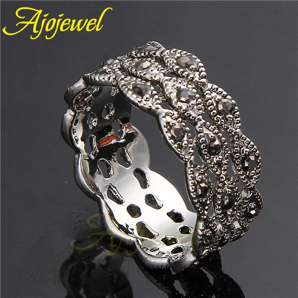 Ajojewel 3 Layer Rhinestone Ring Black Women Band Jewelry Vintage Items Collection Bague Bijouterie