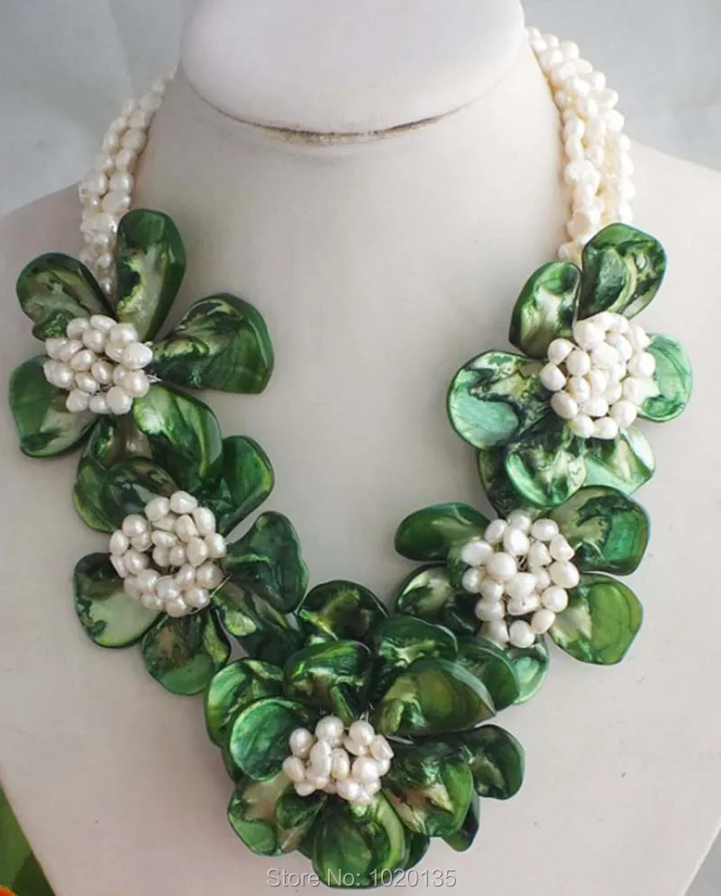 3rows white freshwater pearl baroque  and green  shell flower necklace 18inch  FPPJ