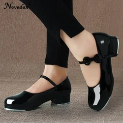 Black And White Tap Shoes Women Girls Kids Tap Dance Shoes Bow Tie Mary Jane Style Shiny Patent PU Leather Size 26-40