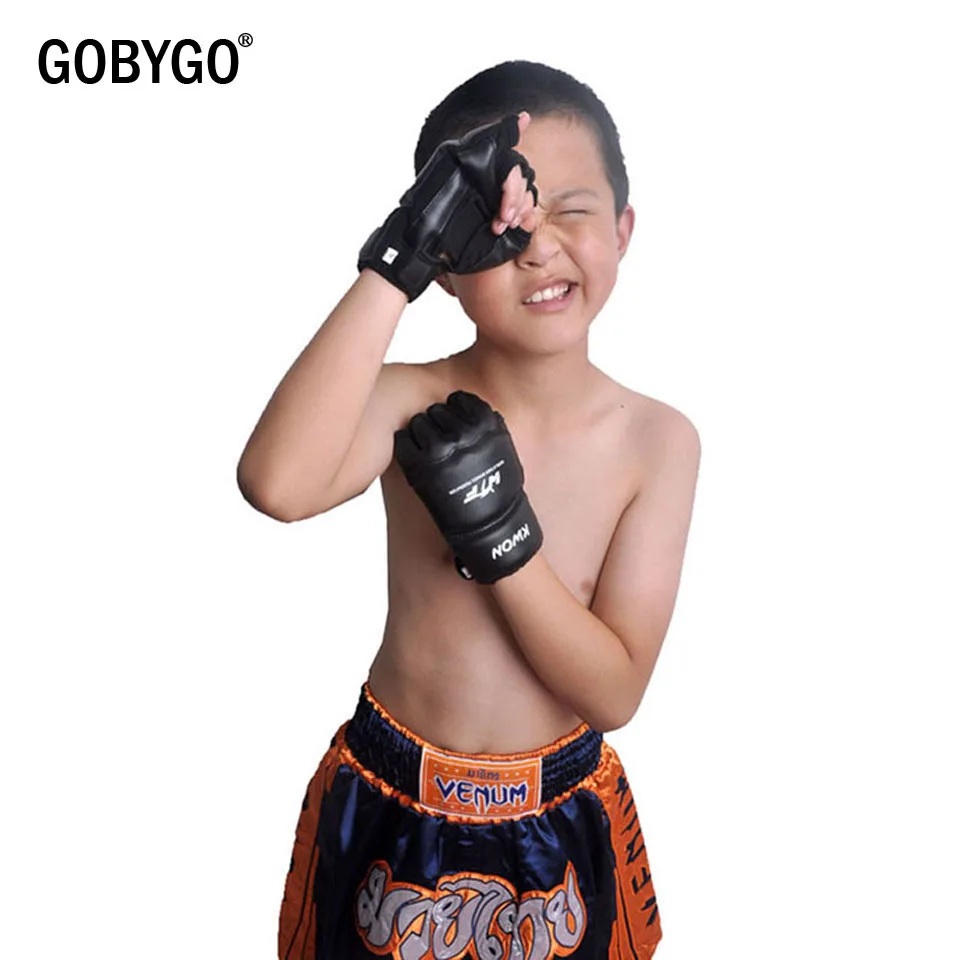 GOBYGO Half Fingers Kids Sandbag Training Boxing Gloves PU Leather Fitness Sparring Taekwondo Gloves Fighting Hand Protector