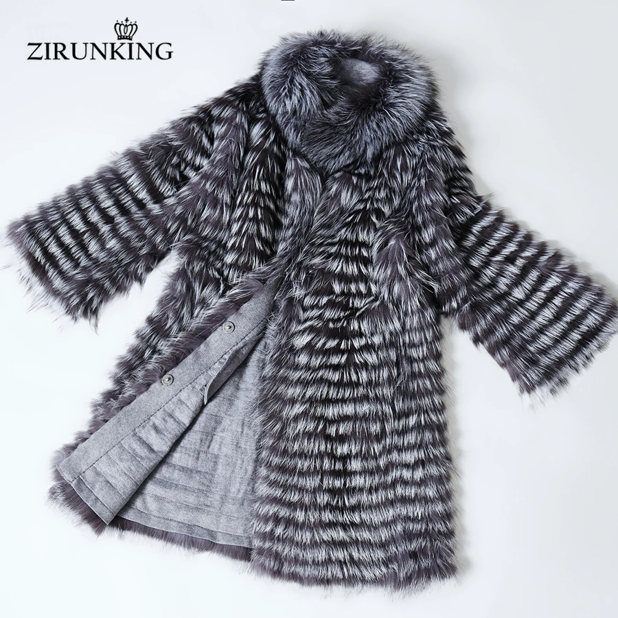 ZIRUNKING Knitted  Real Silver Fox Fur Coats Fashion Fur Jacket Striped Style Outfit Female Fox Fur For Autumn ZCW-02YL