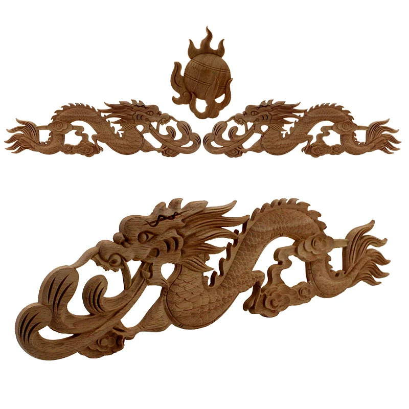 Chinese Dragon Vintage Unpainted Wood Carvedl Corner Applique Frame for Home Wall Cabinet Door Decorative Wooden Miniature Craft