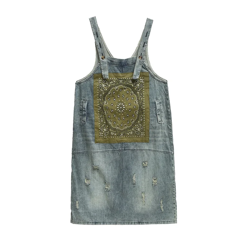 2018 vrouwelijke nieuwe zomer casual vintage versleten stiksels etnische gedrukt patch-cutted mid-lengte losse denim jurk