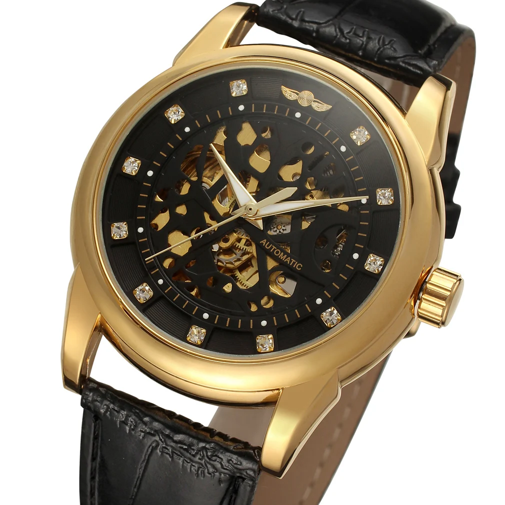 

Winner Brand Luxury Royal Diamond Design Black Gold Clock Montre Homme Mens Clock Relogio Male Skeleton Mechanical Leather Watch