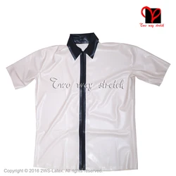 Sexy White black Latex shirt Rubber coat jacket Gummi blouse short sleeves Top Uniform zipper At front size XXXL SY-052