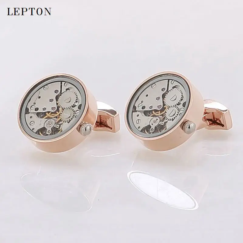 Functional Watch Movement Cufflinks With Glass Round Stainless Steel Steampunk Gear Watch Mechanism Cuff links for Mens gemelos