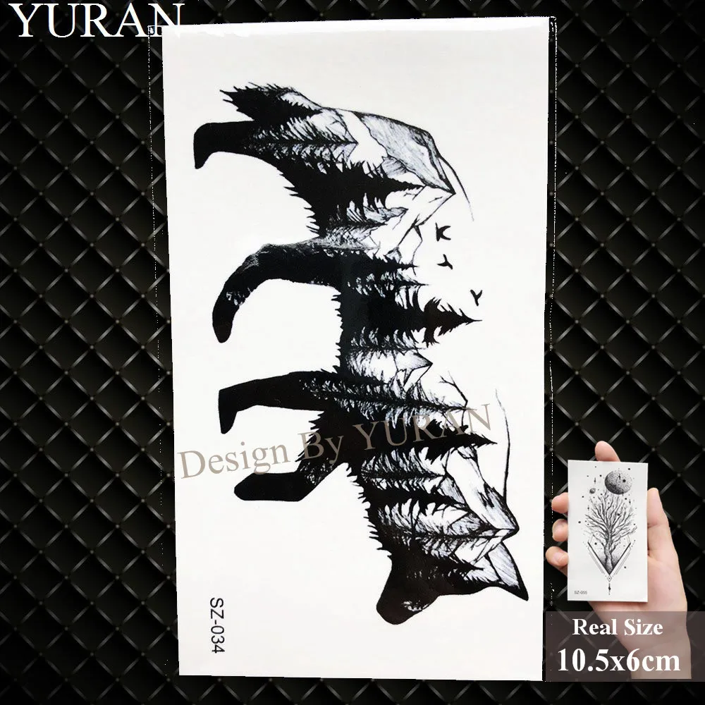 YURAN Men Fashion Black Tattoo Stickers Little Peak Wolf Temporary Tattoo Women Body Art Painting Forearm Waterproof Tatoos Moon