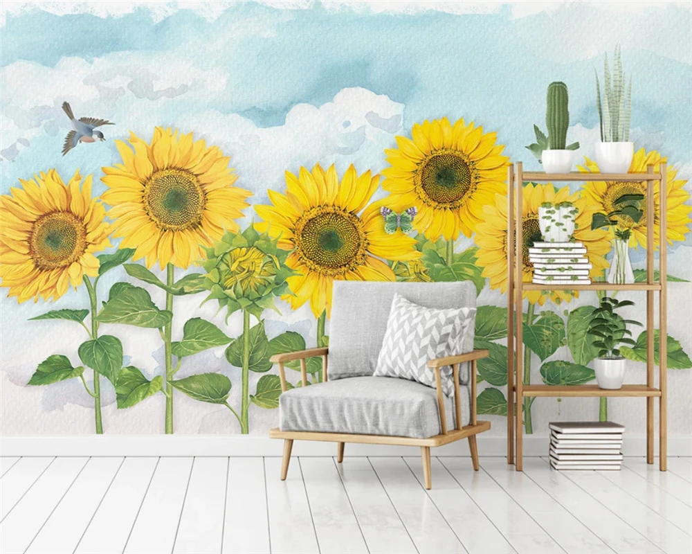 Papel de pared beibehang personalizado con personalidad moderna, papel tapiz vintage de girasol pintado a mano, pintura decorativa de fondo