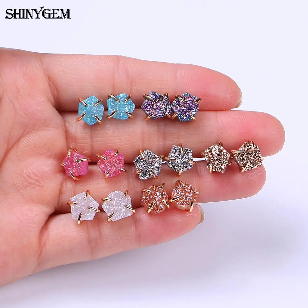 

ShinyGem 7 Pairs Stud Earrings S925 Sterling Silver Natural Irregular Druzy Crystal Earrings One Week Jewelry Wearing For Women