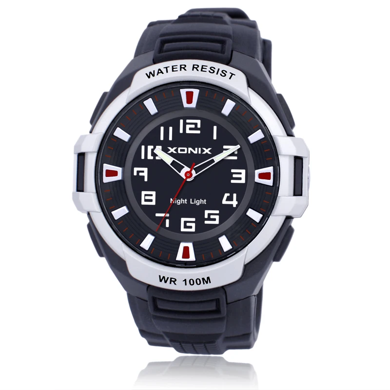 XONIX Classics Men Sports Watch Quartz Waterproof 100m Analog EL Back Light Big Dial Fashion Boy Swim Diver Wristwatch QO
