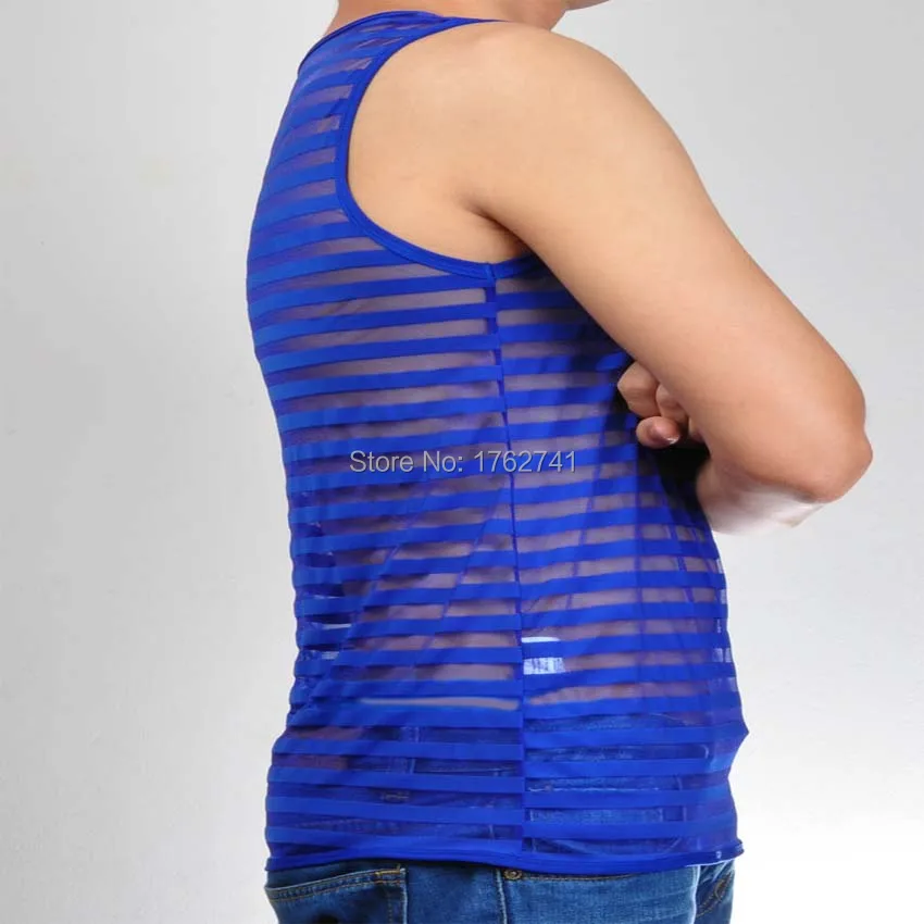 Fashion Men Mesh Stripe Vest  Male Shirt Undershirts See Through Underwear Tank Top Organza Shirt