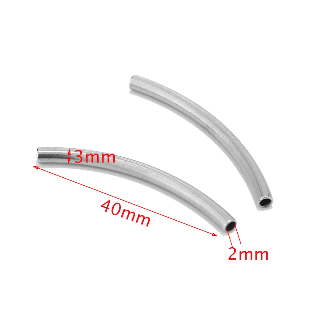 40pcs Wholesale Silver Findings Stainless Steel 40x3mm Curved Tube Noodle Beads with 2mm Hole