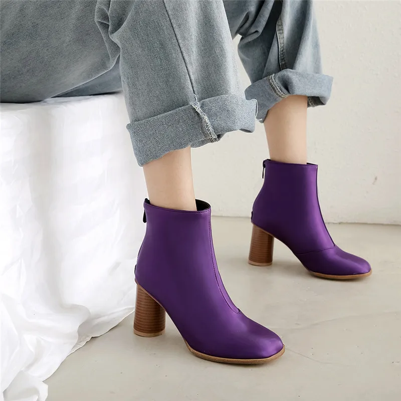 YMECHIC Autumn 2023 New Arrival Ladies Round High Heels Shoes Winter Ankle Boots Female Purple Silver Black Booties Plus Size