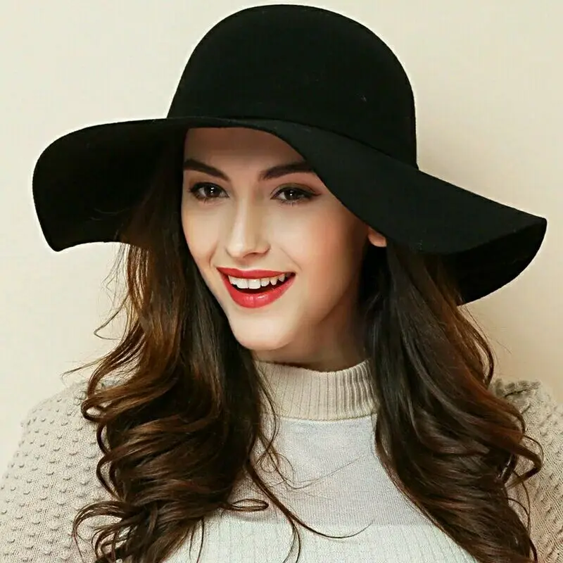 

(13 Colors)High Quality 100% Wool Fashion New Vintage Women Ladies Floppy Wide Brim Felt Fedora Cloche Hat Cap