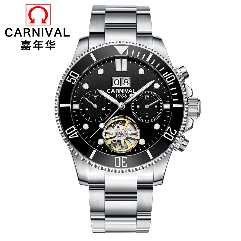 Carnival tourbillon men watch luminous luxury brand mechanical watches men full steel clock reloj waterproof relogio montre 2019