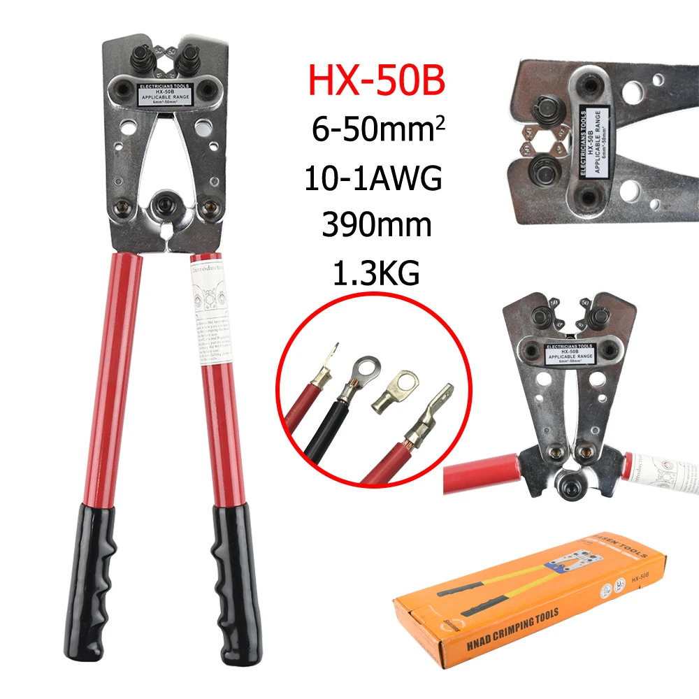 

HX-50B Cable Crimper Cable Lug Crimping Tool Wire Crimper Hand Ratchet Terminal Crimp Pliers For 6-50mm2 1-10AWG Wire Cable